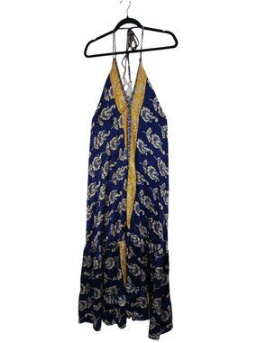 Swarna Greece Floral Art Silk Halter Maxi Dress Tassel Tie Details Free Size
